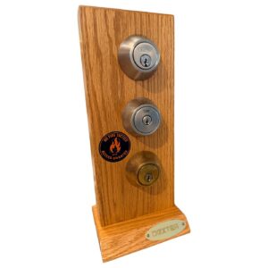 N6 Lock Picking Training Tower with three locks on a wooden stand