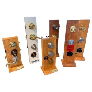 Six N6 lock towers showing assorted residential lock hardware